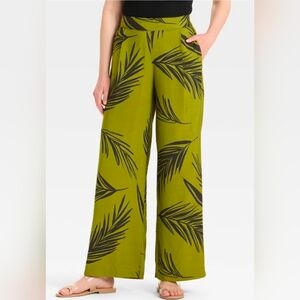 NWT a new day Lightweight Leaf Pattern Wide-Leg Pants, Green, Black, 2X